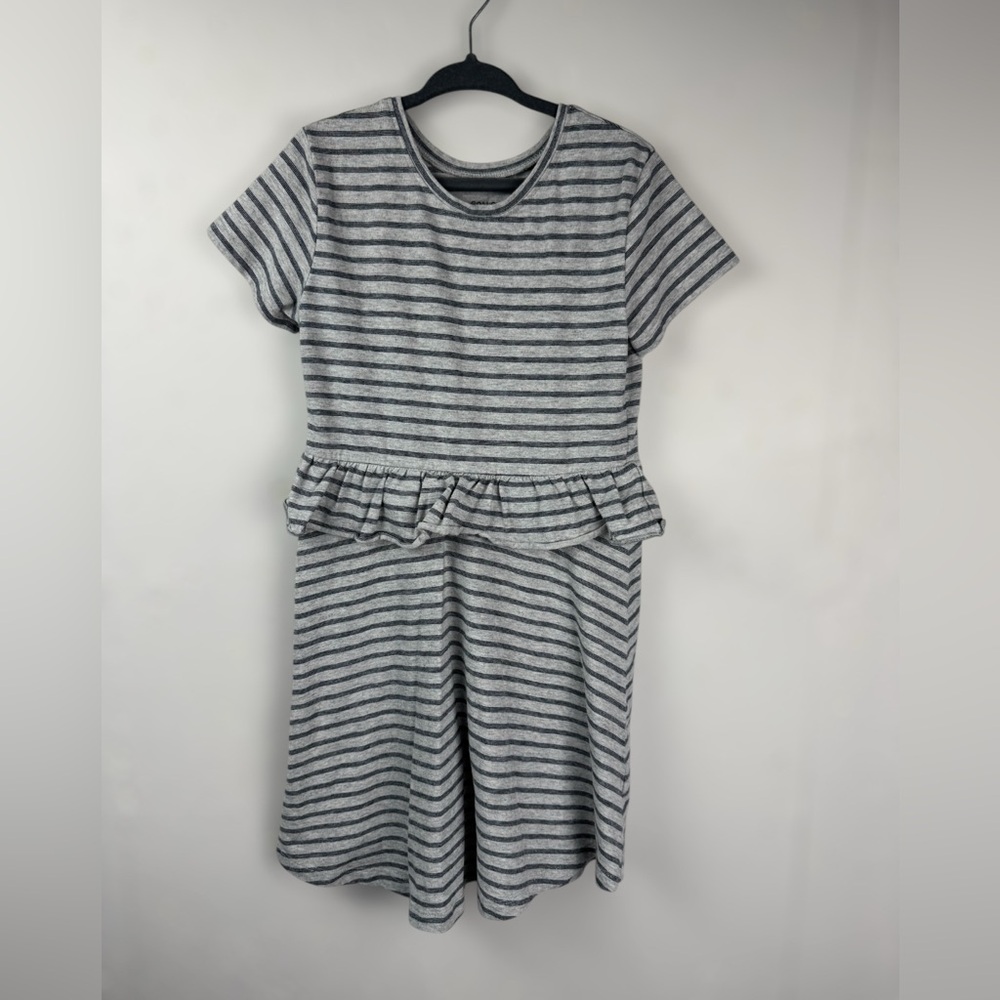 Girls Striped ruffle short sleeve T-shirt dress crew neck‎ gray S 6/6x